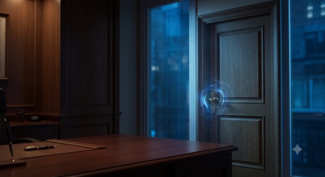 A glowing handle turns on a dark office door at night.