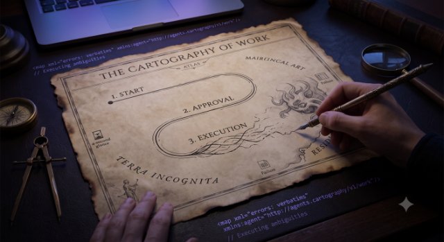 A hand-drawn map titled The Cartography of Work, annotated with agent code.