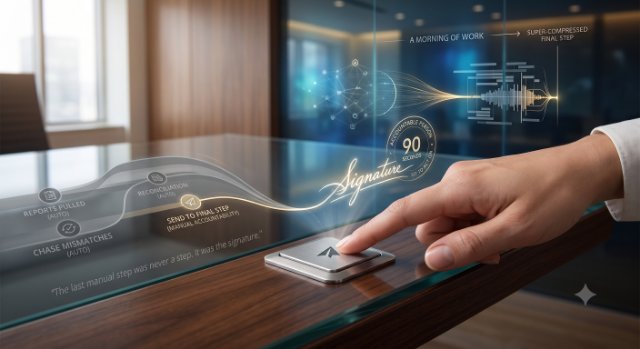 A finger presses a button beside a holographic signature.